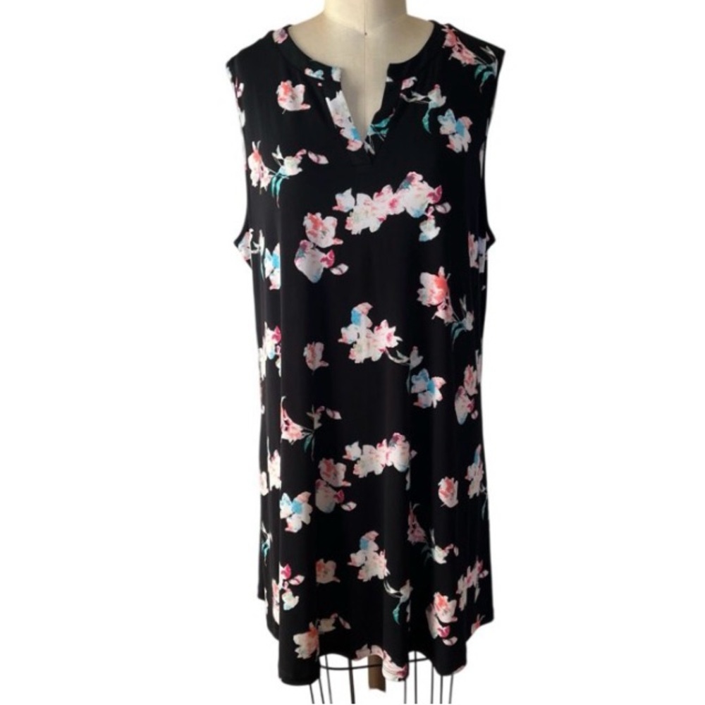 Chicos Sz 3 Vibrant Floral Black Slinky Liquid Knit Dress $100 XL Casual Lounge